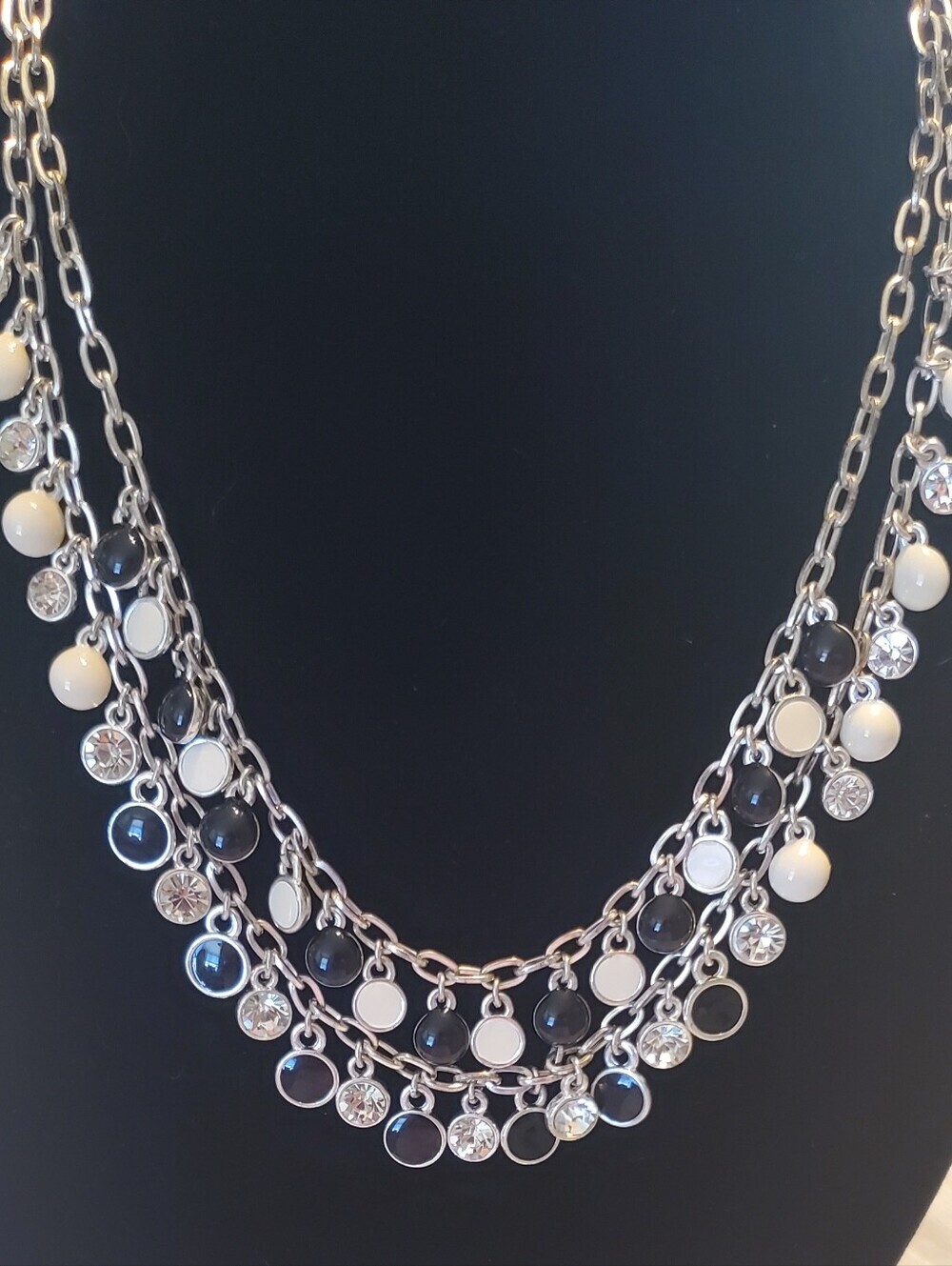 White House Black Market Layered Black Cream Crystal Charm Statement Necklace - Picture 3 of 7